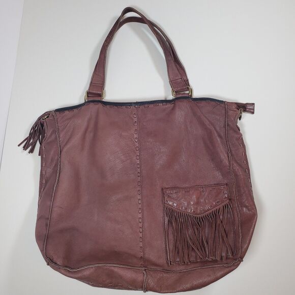 Free People Women’s Large Brown Leather Tote Bag Boho Distressed Weekender - Picture 1 of 15